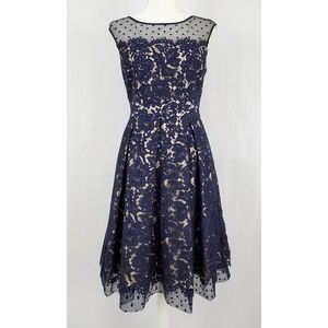 Eliza J Illusion Yoke Fit Flare Dress Navy 8